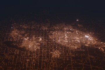 Aerial shot of Boise and Nampa (Idaho, USA) at night, view from south. Imitation of satellite view on modern city with street lights and glow effect. 3d render