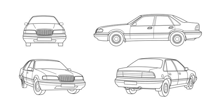 Set of classic sedan car. Different five view shot - front, rear, side and 3d. Outline doodle vector illustration