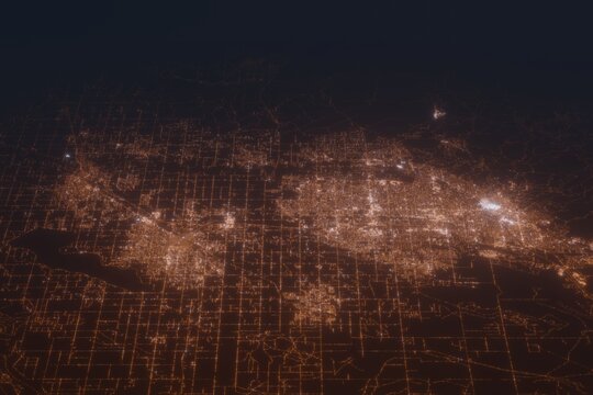 Aerial Shot Of Boise And Nampa (Idaho, USA) At Night, View From South. Imitation Of Satellite View On Modern City With Street Lights And Glow Effect. 3d Render