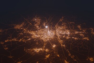 Aerial shot of Seville (Spain) at night, view from north. Imitation of satellite view on modern city with street lights and glow effect. 3d render
