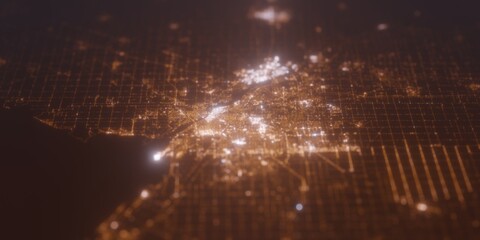 Street lights map of Toledo (Ohio, USA) with tilt-shift effect, view from north. Imitation of macro shot with blurred background. 3d render, selective focus - obrazy, fototapety, plakaty