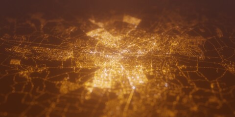 Street lights map of Grodno (Belarus) with tilt-shift effect, view from north. Imitation of macro shot with blurred background. 3d render, selective focus