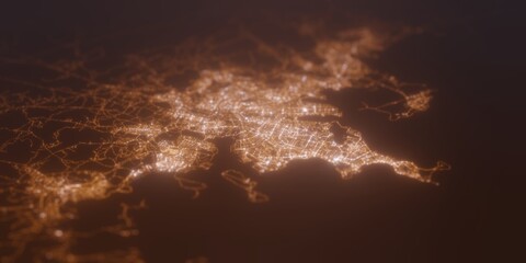 Street lights map of Reykjavik (Iceland) with tilt-shift effect, view from north. Imitation of macro shot with blurred background. 3d render, selective focus