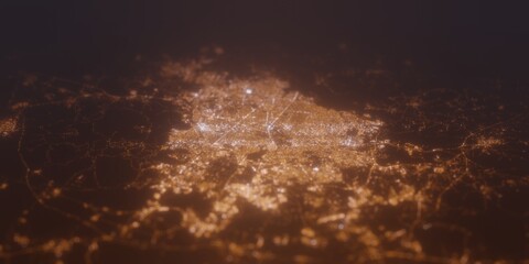 Street lights map of Guadalajara (Mexico) with tilt-shift effect, view from south. Imitation of macro shot with blurred background. 3d render, selective focus