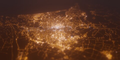 Street lights map of Christchurch (New Zealand) with tilt-shift effect, view from west. Imitation of macro shot with blurred background. 3d render, selective focus