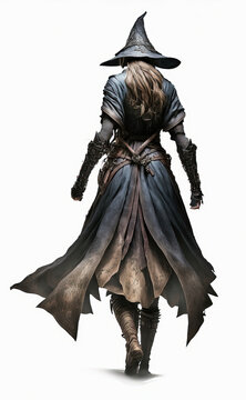personnage de fantasy de dos sur fond blanc, magicienne
