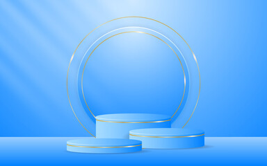 Multi-layered blue podium has a round shape and gold lines on the back for product presentation. cosmetic product display. vector illustration
