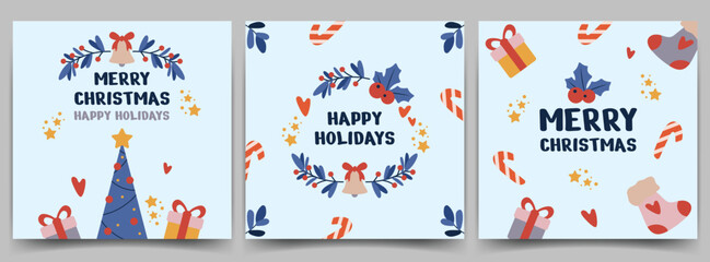 Christmas holiday cards. Square postcard templates with Christmas tree, gifts, socks, Christmas sticks, leaves and text on a light background. Vector.