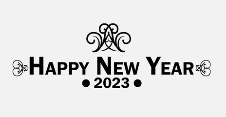 Happy New Year 2023 text design. Cover of business diary for 2023 with wishes. Brochure design template, card, banner. Vector illustration. Isolated on white background.