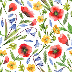 Watercolor hand painted seamless pattern with wild fowers, poppy, bells, buttercups. Floral rustic background. Floral illustration for wrapping paper, textile, decorations.