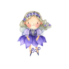 Fototapeta premium Flower princess in a lavender dress watercolor illustration in a cartoon style. Cute girl in fairy dress, flower fairy.