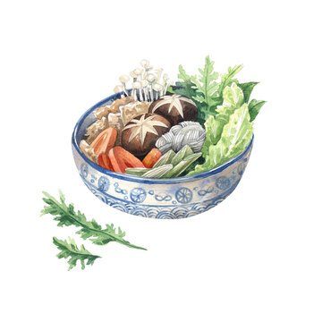 Traditional Asian soup watercolor illustration isolated on white background. Sukiyaki soup watercolor illustration. Asian cuisine, Japanese cuisine.