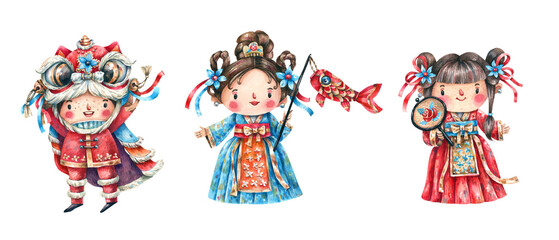 Traditional Chinese characters watercolor illustration in cartoon style. Boy and girls in Chinese traditional costumes, dragon, dresses, carp lantern. Chinese New Year characters.