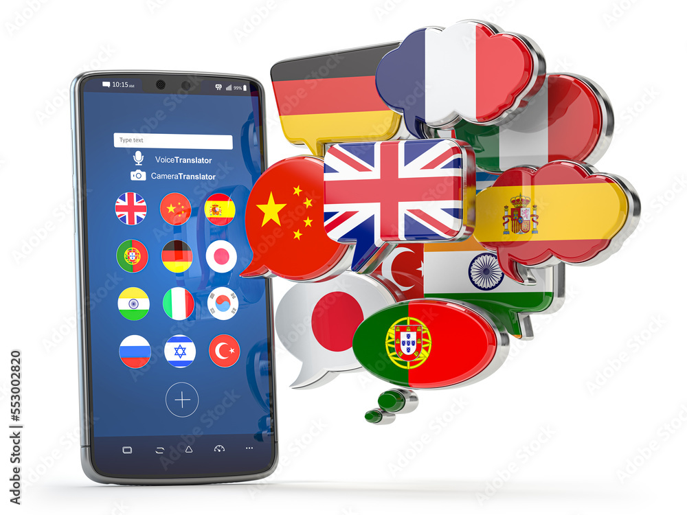 Aufkleber speech bubbles with flags. dictionary, translating and learning languages online app concept.
