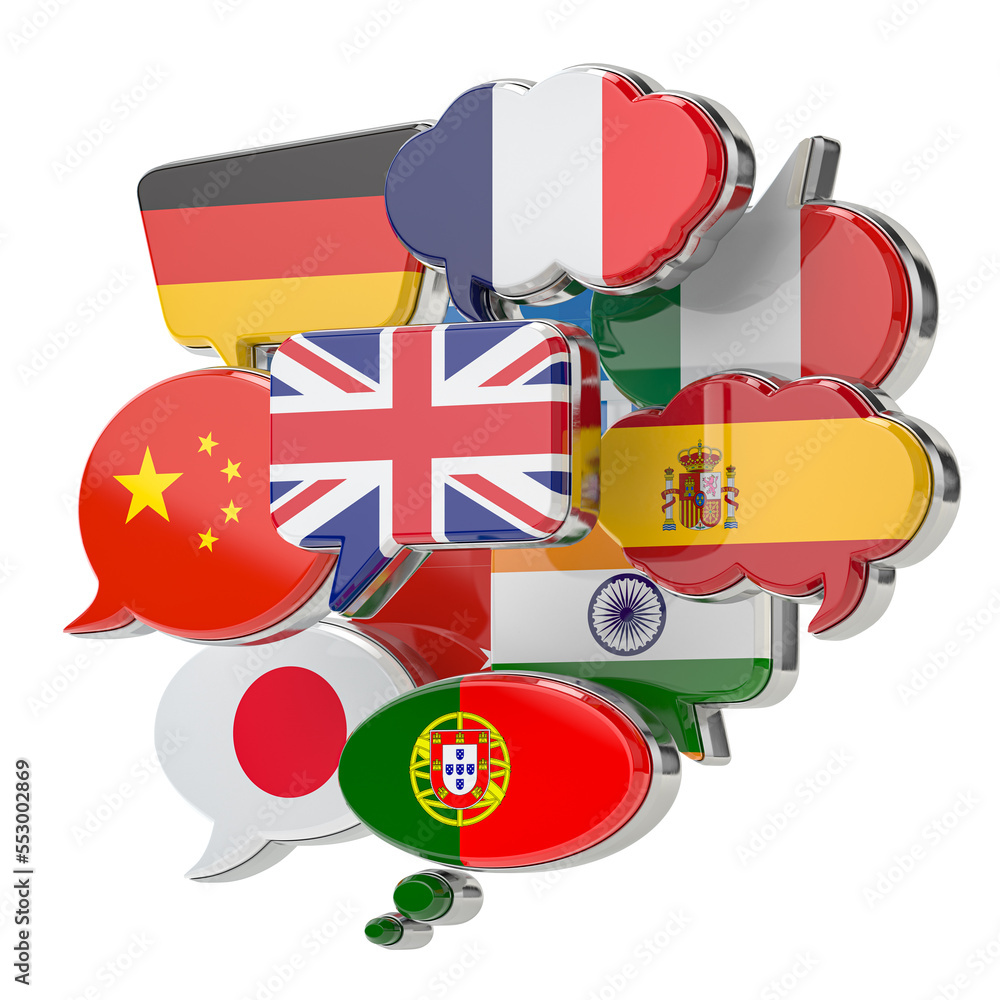 Aufkleber speech bubble with flags. international communications, sociial network, translating and learn langu