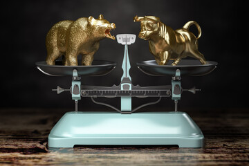 Bull and bear on a balance scales. Bearish or bullish market trends on stock exchange.