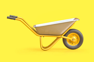 Yellow wheelbarrow on yellow background.. - obrazy, fototapety, plakaty