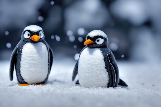 Penguins in a bright cartoon style made of felt. Winter illustration. Generative AI