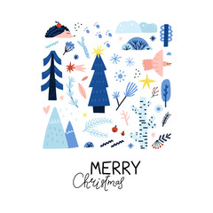 Winter postcard. Forest card. Snowy different trees, frozen berries, blue branches and cones. Wild nature poster, hand drawn New Year and Christmas lettering, vector cartoon flat isolated set