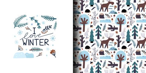 Winter forest elk seamless pattern and print. Snowy tree and animal, frozen berries, blue branches, snowflakes. Hand drawn New Year and Christmas textile, wrapping paper, wallpaper nursery. Vector