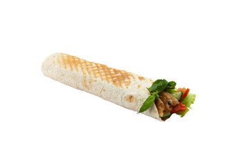 Shawarma with tomatoes, meat and salad. Selective focus. transparent.
