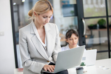 Portrait of beautiful businesswoman working with laptop at the office, female worker using computer in workplace.