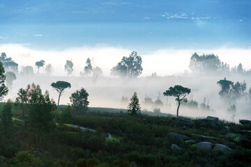 misty morning sunrise over mountain valleys