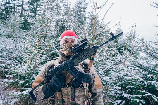 Christmas at war. Soldier at Christmas at the front. 