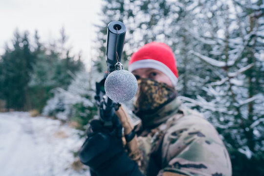 Christmas at war. Soldier at Christmas at the front. 