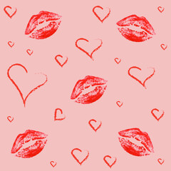 Vector seamless pattern with lips and hearts drawn with lipstic