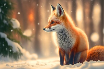 Fototapeta premium cute baby fox in a winter forest on a winter day. christmas fox.