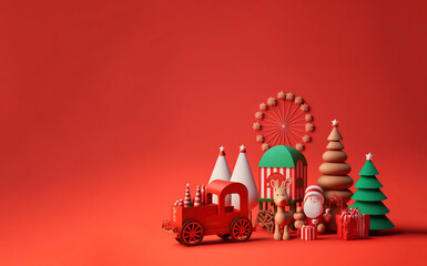 3d children's holiday toys made of wood, retro and vintage in the form of a New Year's decoration. Red background with Christmas concept. Generative AI.