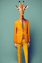 Abstract, creative, illustrated, minimal portrait of a wild animal dressed up as a man in elegant clothes. A giraffe standing on two legs in business suit. Generative AI.