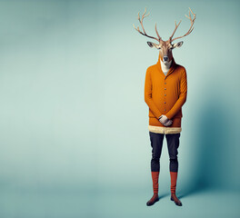 A  human size deer in a trendy vintage hipster Winter sweatshirt. Abstract, illustrated, minimal portrait of a wild animal dressed up as a man in elegant clothes. Generative AI.