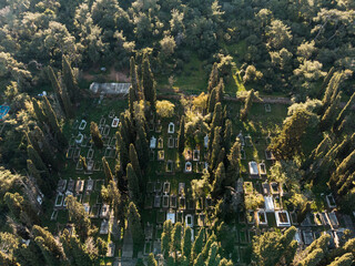 Fototapeta premium Drone view of the cemetery. Buyukada Island at Marmara sea. Prince Islands, Istambul, Turkey.