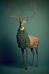 A human size deer in a trendy vintage hipster Winter Christmas tree outfit. Abstract, illustrated, minimal portrait of a wild animal dressed up as symbol of holiday. Generative AI.