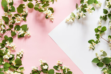 Beautiful flower arrangement. Jasmine flowers, free space for text on a light pastel background. Wedding, birthday. Valentine's day, mother's day. Top view, copy space