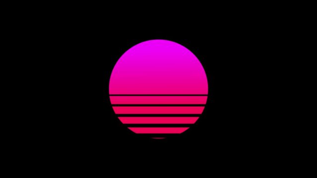 Pink red retrowave, synthwave, vaporwave seamless loop animation of sun or moon with perspective horizontal lines. 80s aesthetics sunset animation. Pink red sun. Retrowave vibe.