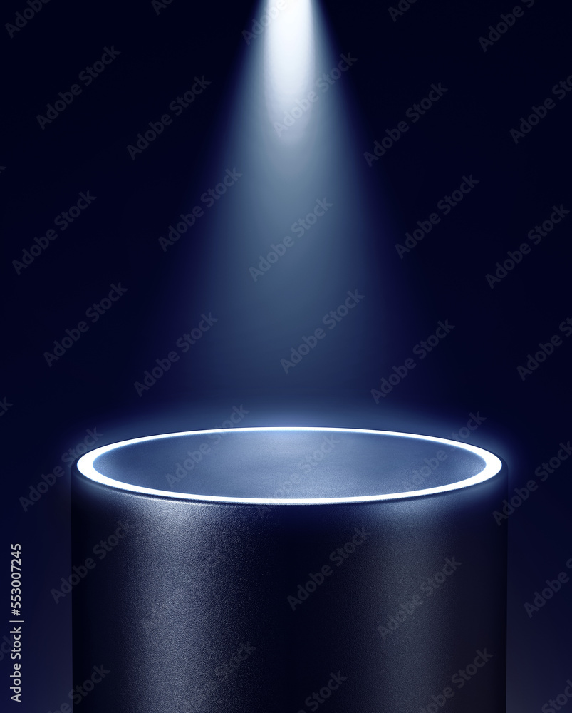 Poster empty dark pedestal illuminated by spotlight from top. 3d computer graphic template of displaying pl