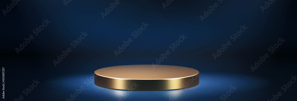 Poster golden colour low round empty podium lit by spotlight. 3d computer graphic template of displaying pl