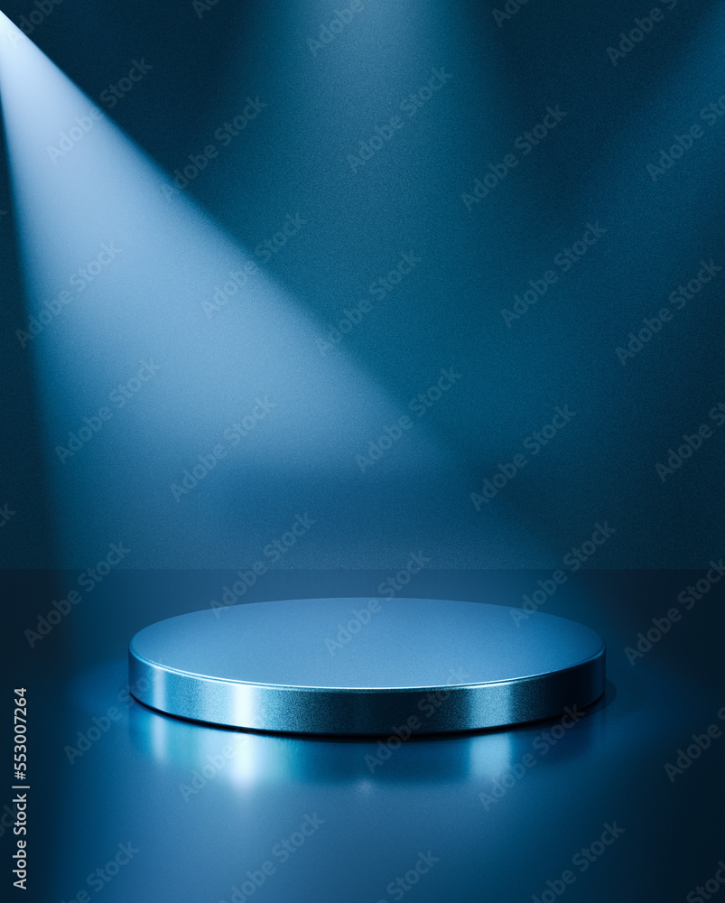 Poster empty blue colour metallic round podium. 3d computer graphic template of displaying place for your p
