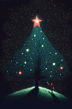 Illustration Of Child In Front Of New Year's Eve, Large, Decorated With Shiny Bright Big Star On Top Illuminating The Dark Background. Night Landscape Under The Stars. Generative AI.