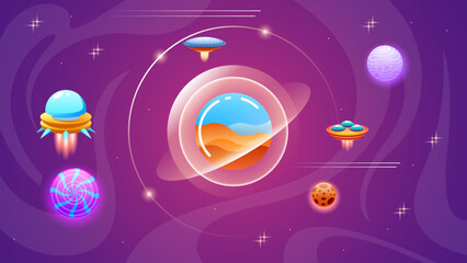 Fototapeta premium Abstract Aliens On Flying Saucers In Dark Space Planet Background Gradient Unidentified Flying Object Ufo Stars Vector Design Style
