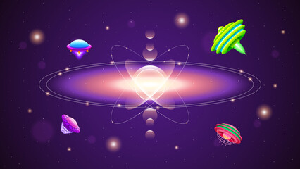 Obraz na płótnie Canvas Abstract Aliens On Flying Saucers In Dark Space Planet Background Gradient Unidentified Flying Object Ufo Stars Vector Design Style