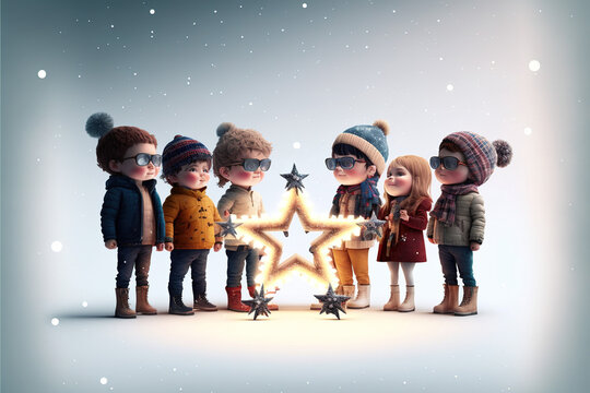 Illustrated, animated, cartoon happy characters with a big shiny star. Christmas concept of happy friends during the holidays. Children waiting for Santa Claus. Generative AI.