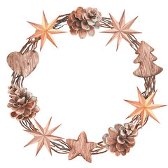 Christmas wreath with dry twigs, pine cones and decorations. Watercolor illustration isolated on white background.