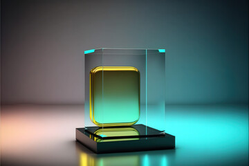 Glass cube, minimal, elegant podium and product pedestal. Fluorescent neon electric lights. Creative futuristic concept on dark background. 3D Illustration. Generative AI.