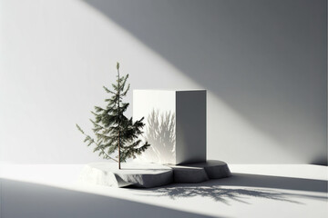 Pastel white rock modern futuristic stone podium and product pedestal. Small conifer bonsai tree, sandy soft color, sharp shadow. 3D Illustration. Generative AI.