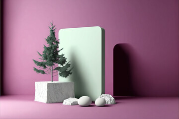 Pastel white rock modern futuristic stone podium and product pedestal. Small conifer bonsai tree, purple and pink soft color, 3D Illustration. Generative AI.