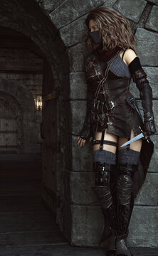 Mysterious silent rogue assassin female quietly stalking her next target. Fantasy 3d rendering